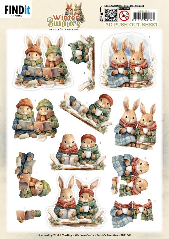 Berries Beauties - Winter Bunnies - 3D Push out - Bunnies together